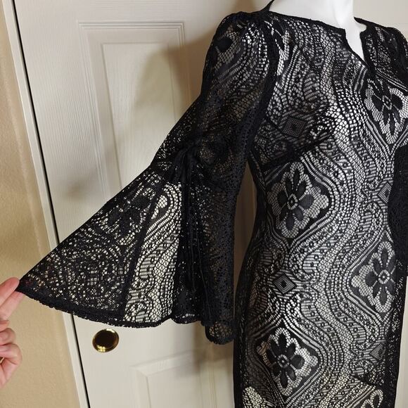 Laundry by Shelli Segal sheer crochet bell sleeve swim cover up sz 8 - Picture 4 of 8